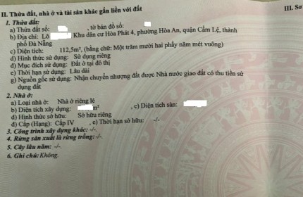 Bán nhà 3 tầng 3 mê đường Lê Thạch, P. Hòa An, Q.Cẩm Lệ, TP Đà Nẵng